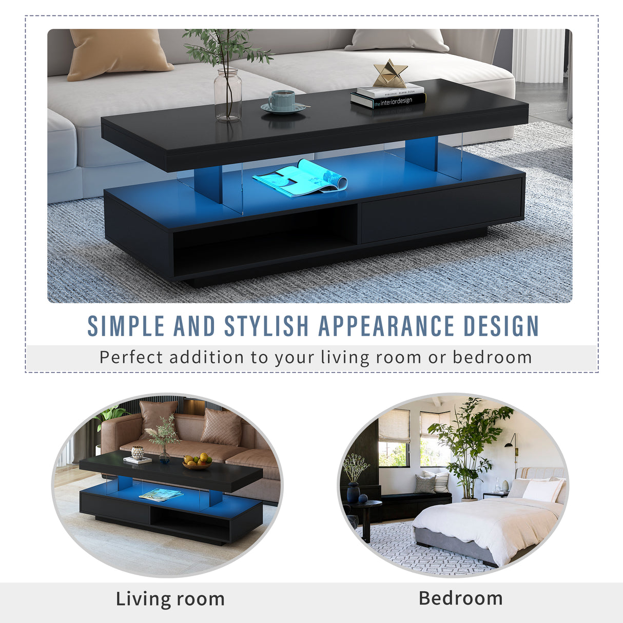 U-Can LED coffee table with storage space, modern central table with 2 drawers and display rack, equipped with LED lights, black - V.I.P Digital Presence