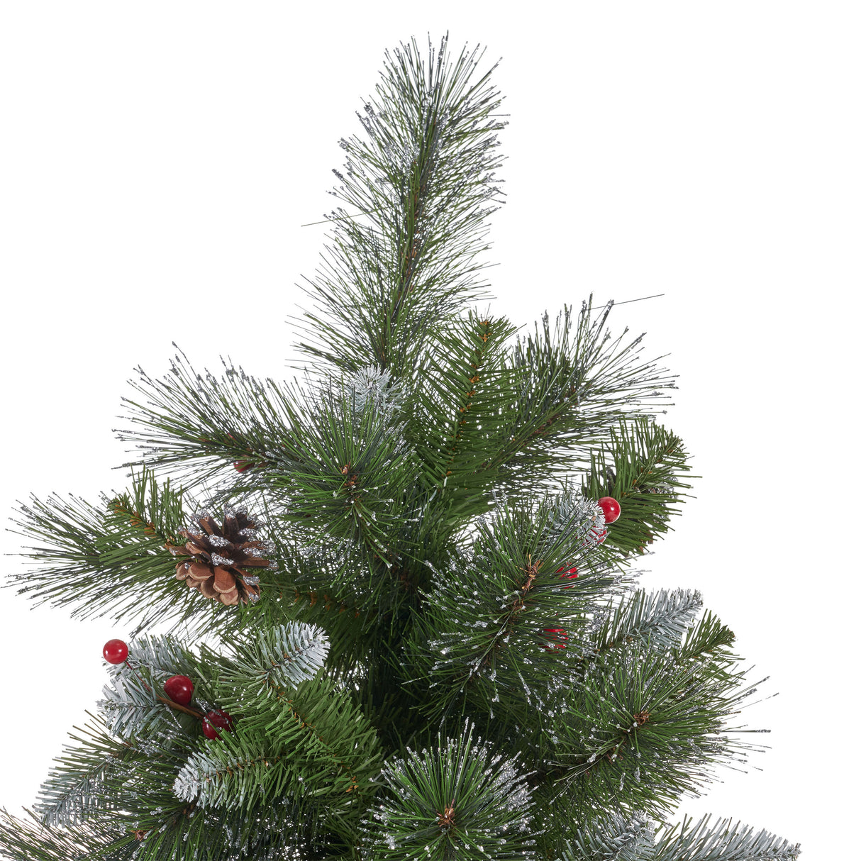 9' Glitter Bristle Mixed Hinged Tree with 72 Red Berry and 73 Pine Cones and 2099 tips,Dia:66 - V.I.P Digital Presence