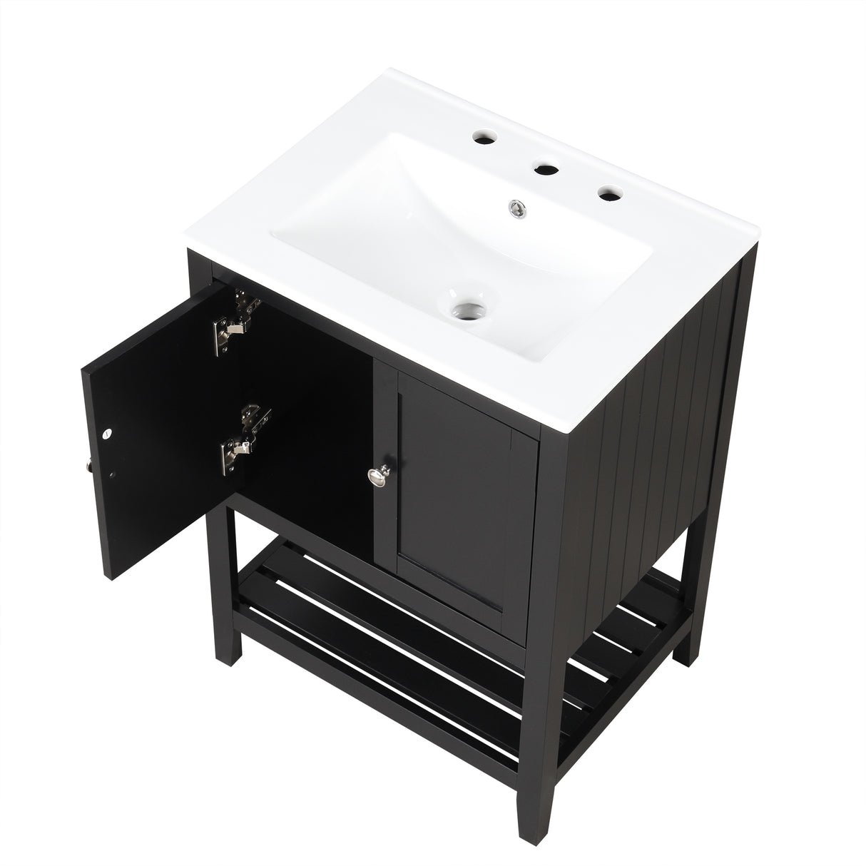 24" Black Modern Sleek Bathroom Vanity Elegant Ceramic Sink with Solid Wood Frame Open Style Shelf - V.I.P Digital Presence