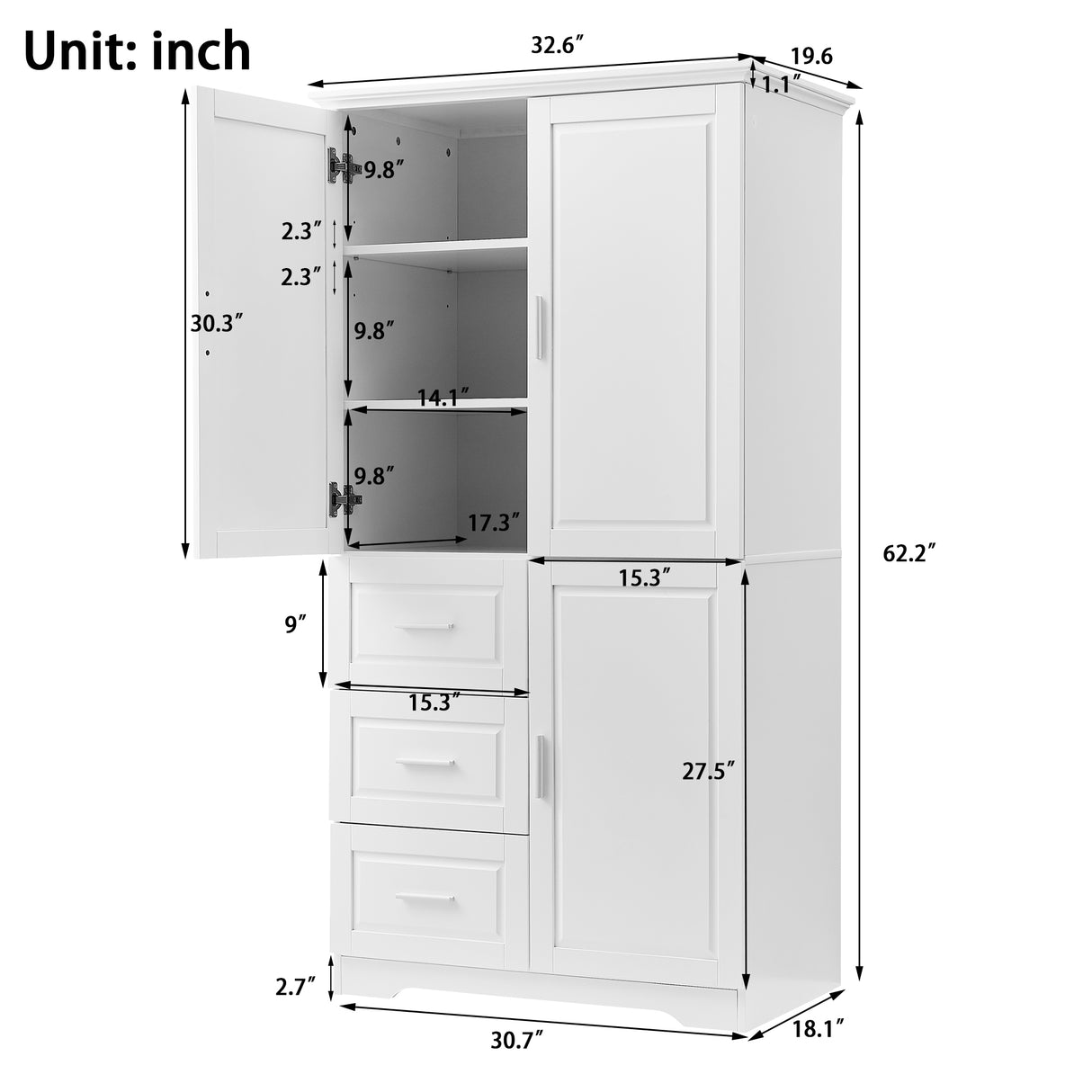 Tall and Wide Storage Cabinet with Doors for Bathroom/Office, Three Drawers, White - V.I.P Digital Presence