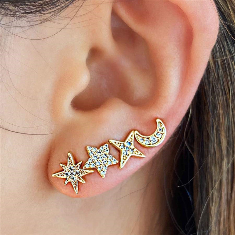 S925 Small Ins 4 Piece Set Star Octagonal Star Four Point Star Moon Earring Set - V.I.P Digital Presence
