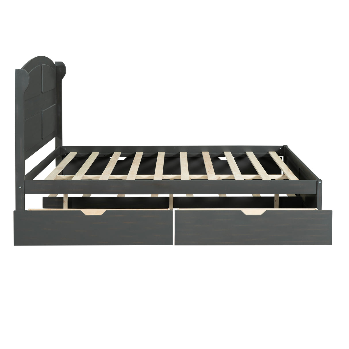 Wood Queen Size Platform Bed with Twin Size Trundle and 2 Drawers Antique Gray