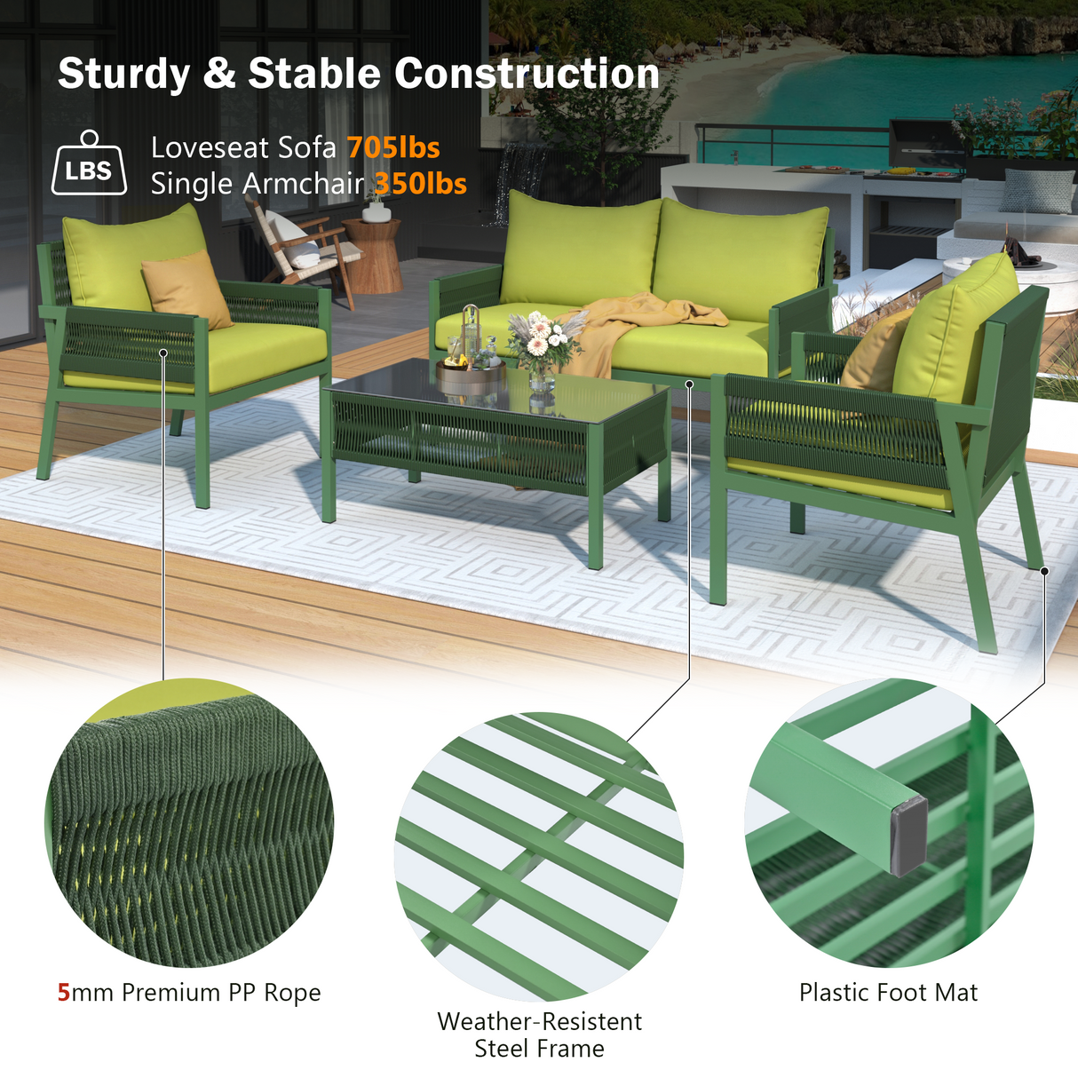 Outdoor Furniture with Tempered Glass Table, Set Deep Seating with Thick Cushion (Fluorescent Yellow & Green)