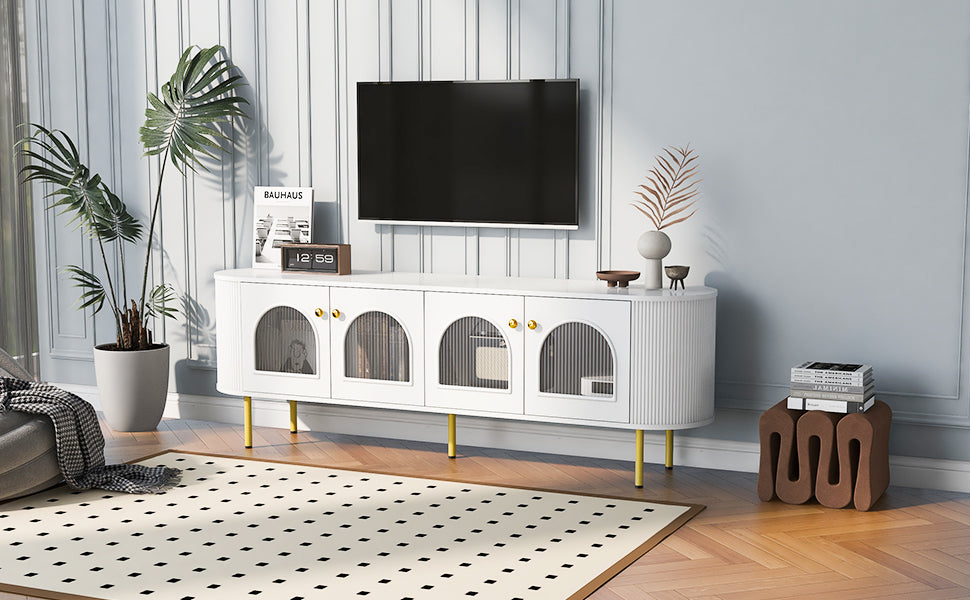 U-Can Modern TV Stand for TVs up to 80 Inches, Entertainment Center with 4 Cabinets, Wood with Metal Legs and Handles White - V.I.P Digital Presence