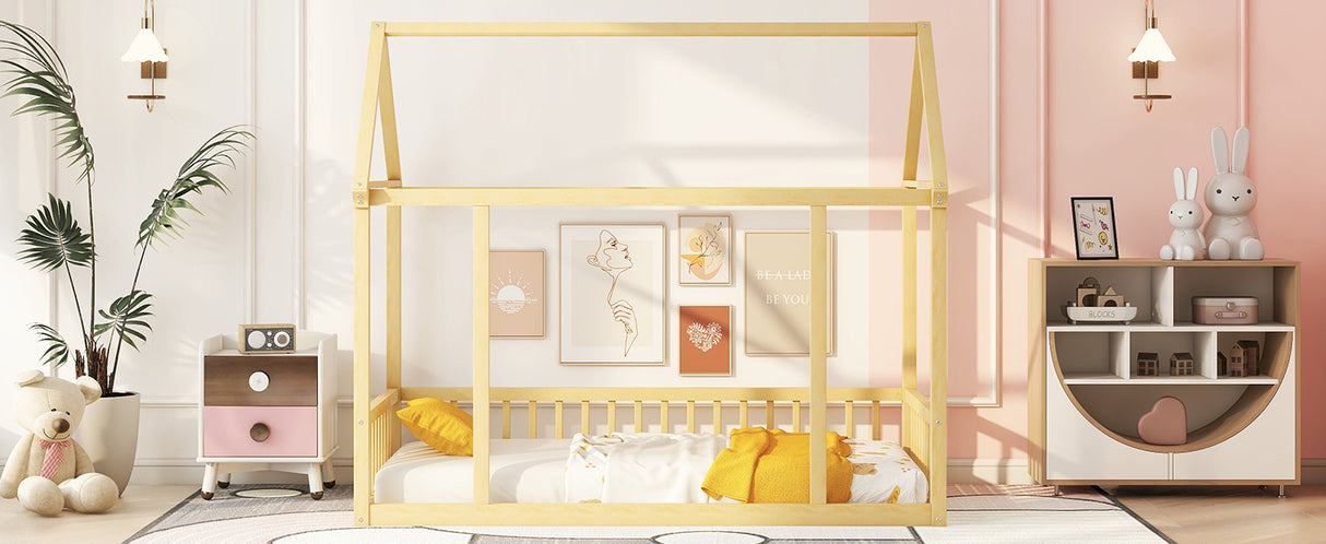 Twin Size Floor Wooden Bed with House Roof Frame and Safety Guardrails,Natural - V.I.P Digital Presence