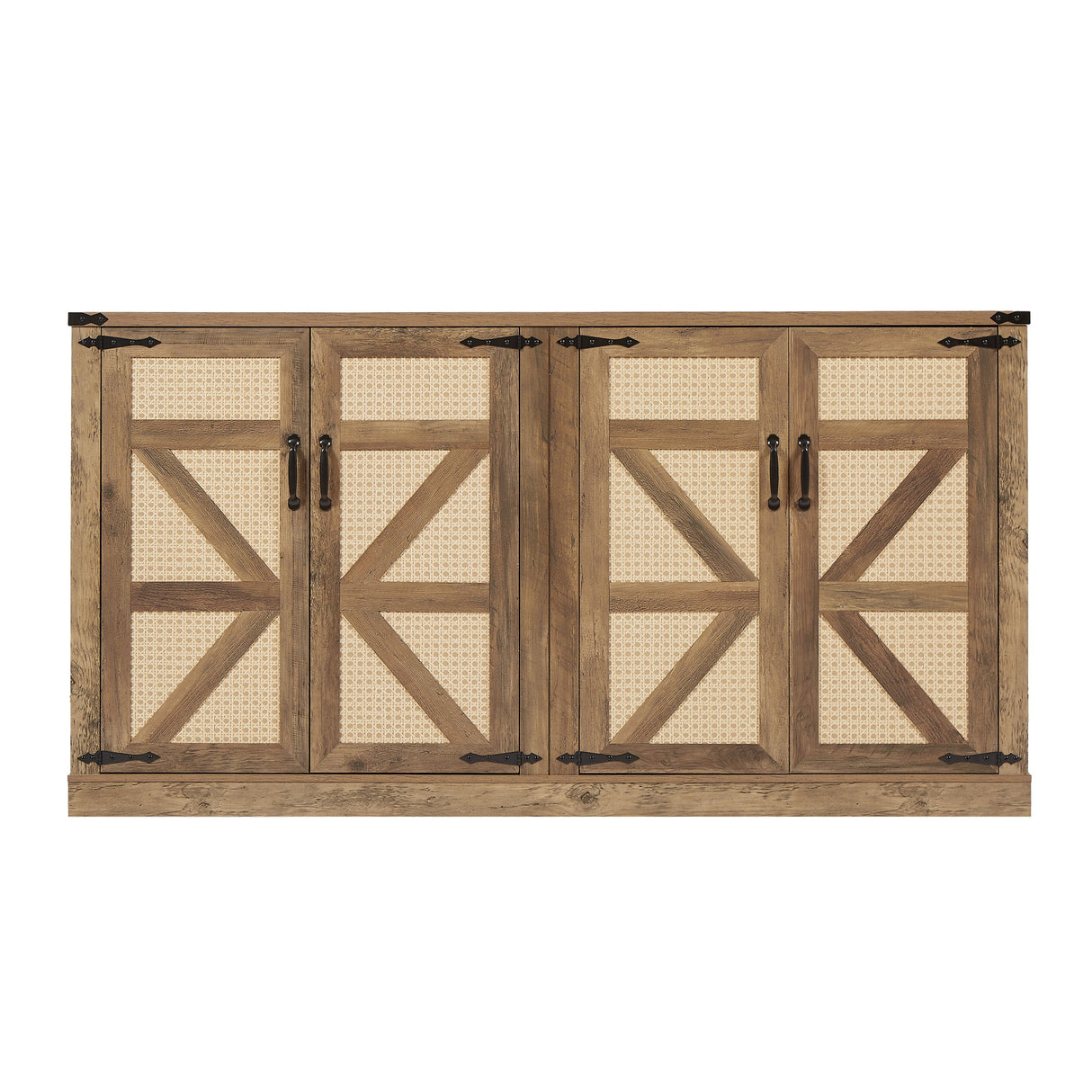 65-Inch Rustic Oak Color Faux Rattan Sideboard, Barn Door Rustic Style Sideboard, Living Room, Entryway, Bedroom - V.I.P Digital Presence