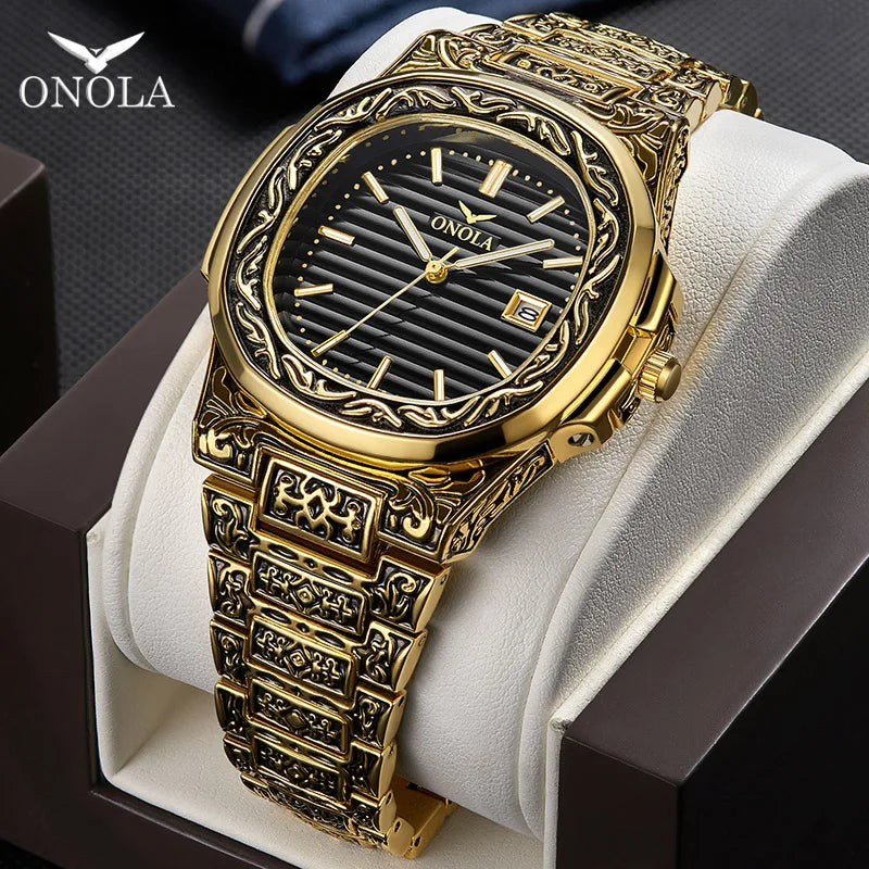 Fashion quartz watch men Brand ONOLA luxury Retro golden stainless steel watch men gold mens watch reloj hombre - V.I.P Digital Presence
