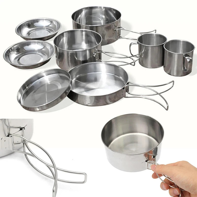 Mayitr - Juego de 8 ollas y sartenes de acero inoxidable para acampar al aire libre, picnic, senderismo, utensilios de cocina de alta calidad