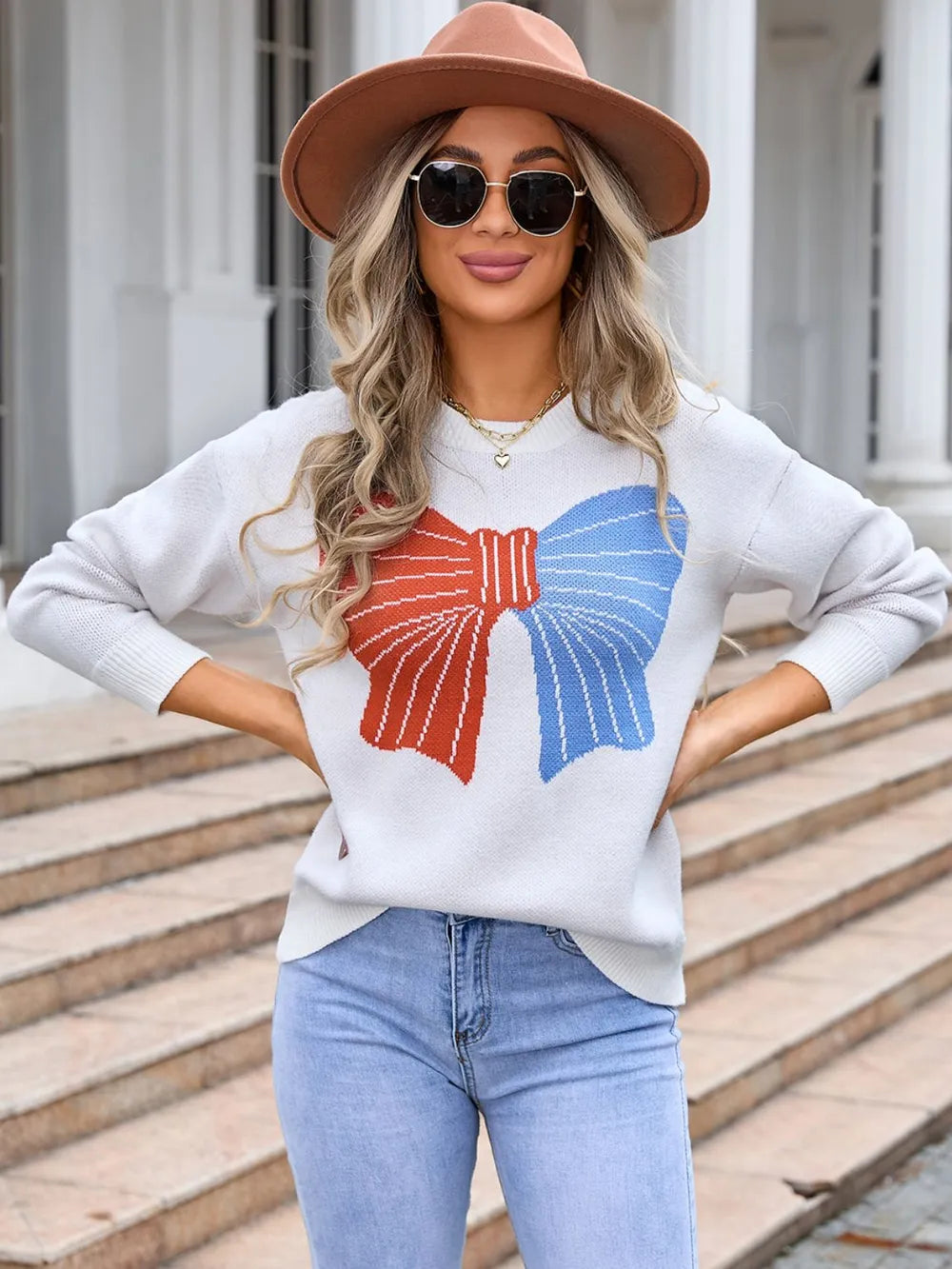 Angel Wings Bow Round Neck Dropped Shoulder Sweater - V.I.P Digital Presence