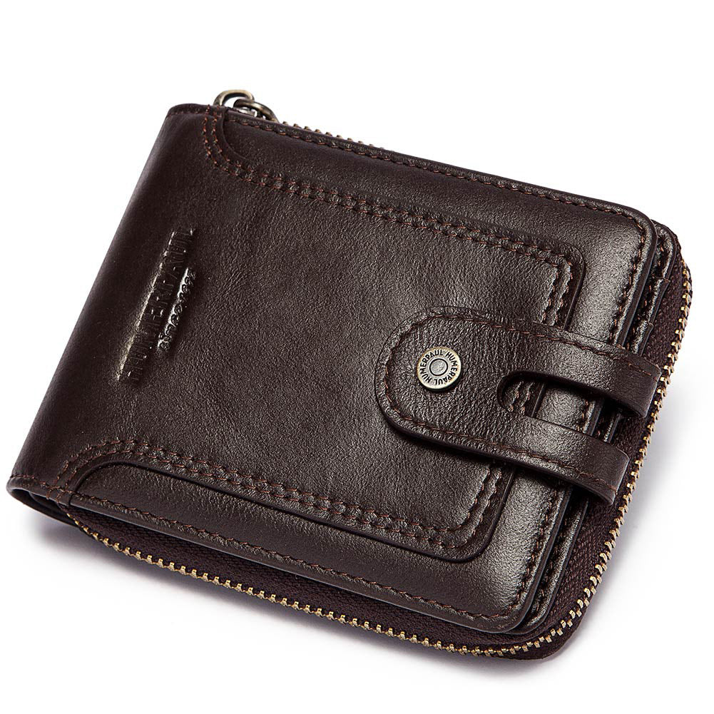 Anti-Theft Brush Men's Leather Wallet Top Layer Cowhide Short Coin Purse Zipper Retro Leather Men Bag - V.I.P Digital Presence
