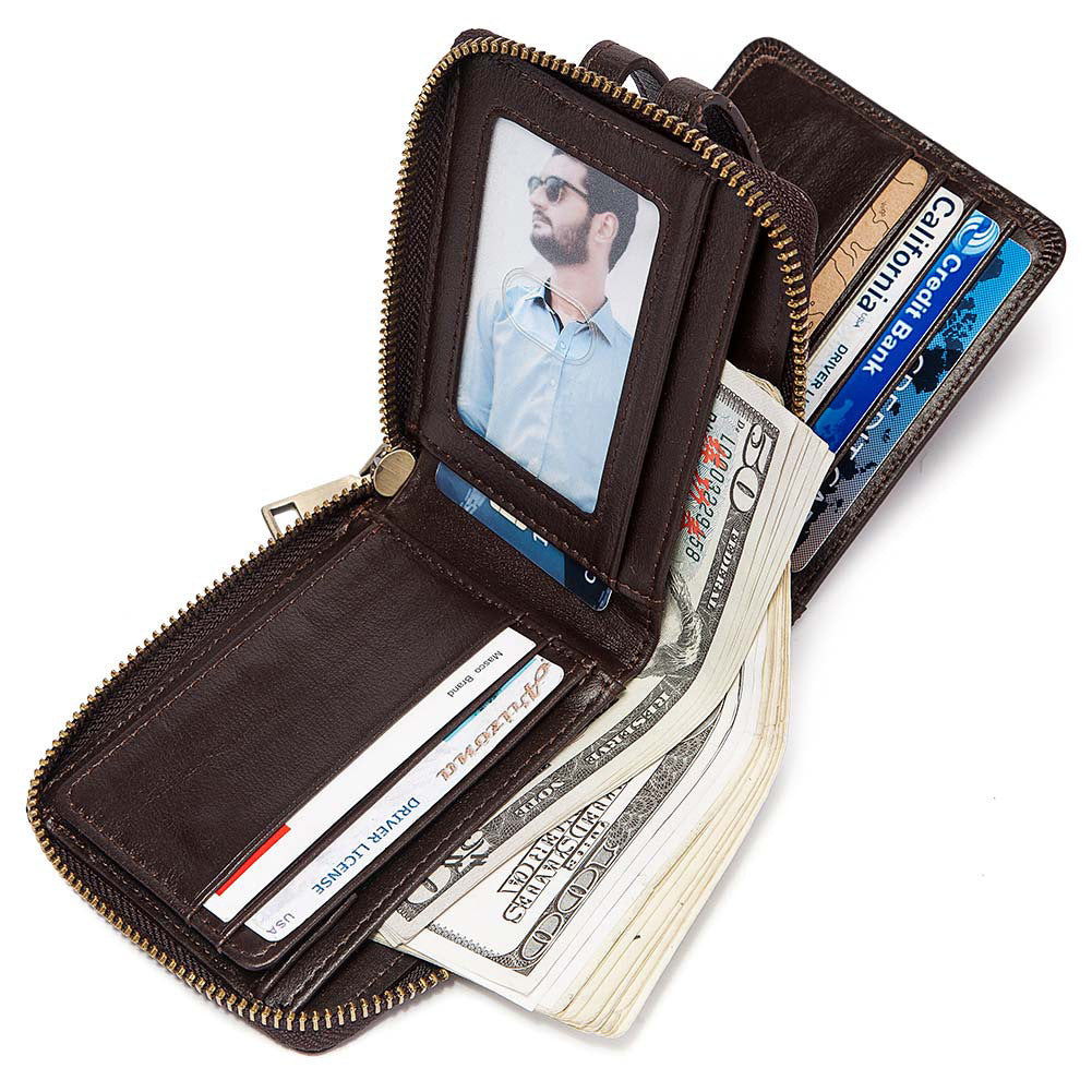 Anti-Theft Brush Men's Leather Wallet Top Layer Cowhide Short Coin Purse Zipper Retro Leather Men Bag - V.I.P Digital Presence