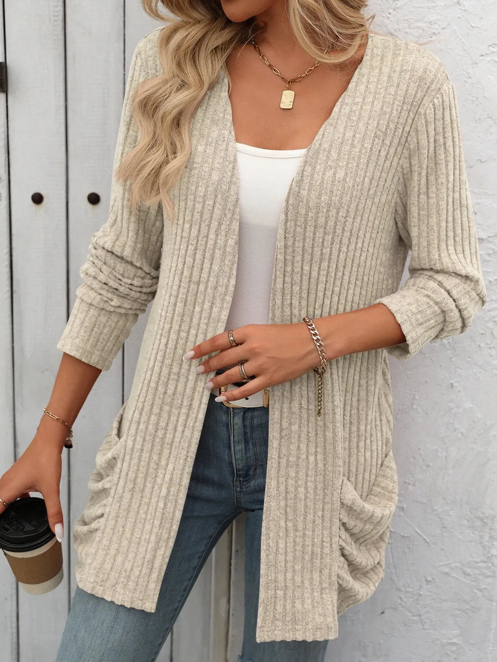 Autumn and winter new solid color pit stripe brushed pocket cardigan long sleeved jacket for women - V.I.P Digital Presence
