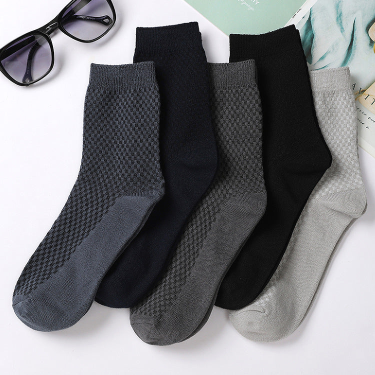 Bamboo fiber cotton socks mid tube men's socks double needle dark flower square grid socks - V.I.P Digital Presence