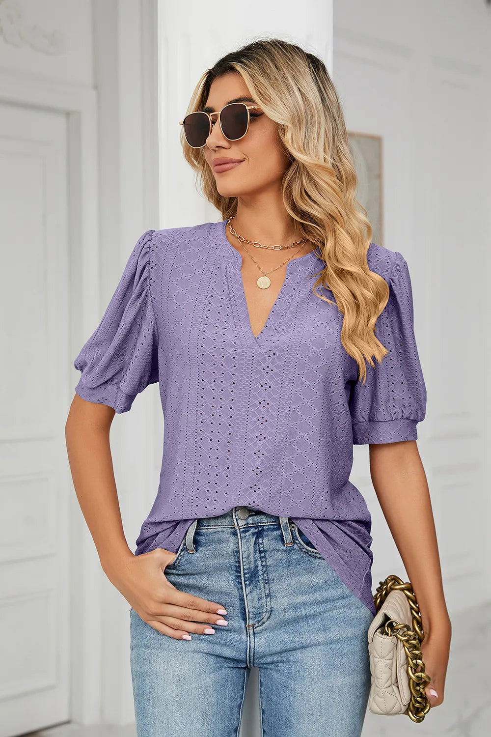 Casual V-neck solid color hollow bubble sleeve loose T-shirt top for women - V.I.P Digital Presence