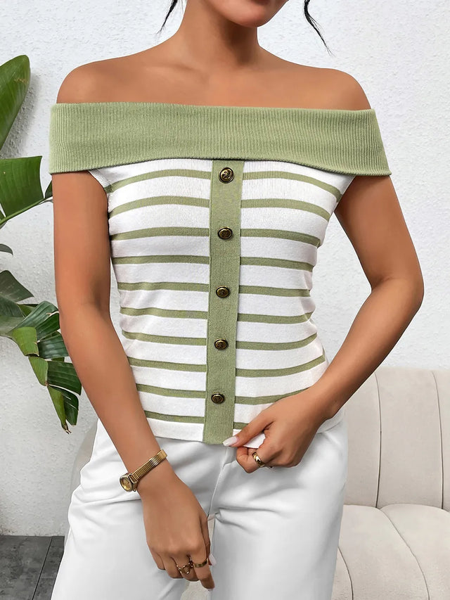 Decorative Button Striped Off-Shoulder Knit Top - V.I.P Digital Presence