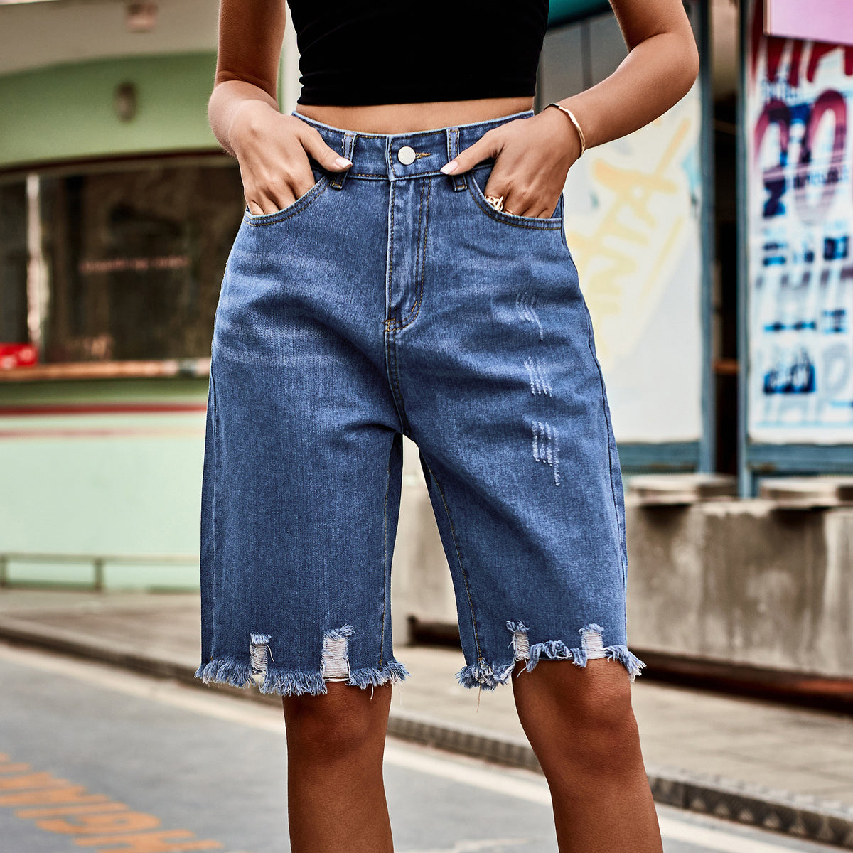European and American denim ripped cropped pants, fashionable fringed fringe jeans for women - V.I.P Digital Presence