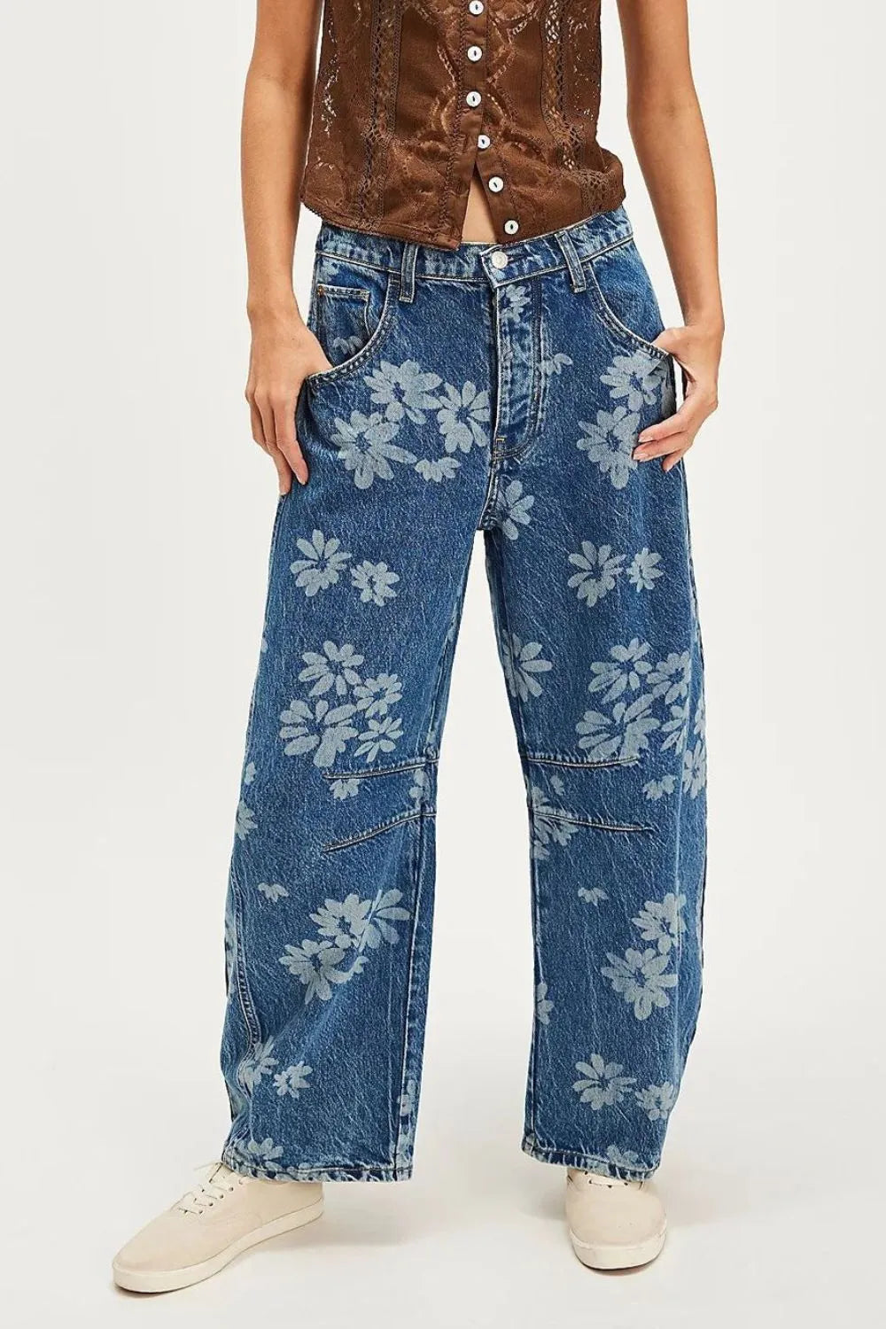 Flower Print Wide Leg Jeans - V.I.P Digital Presence