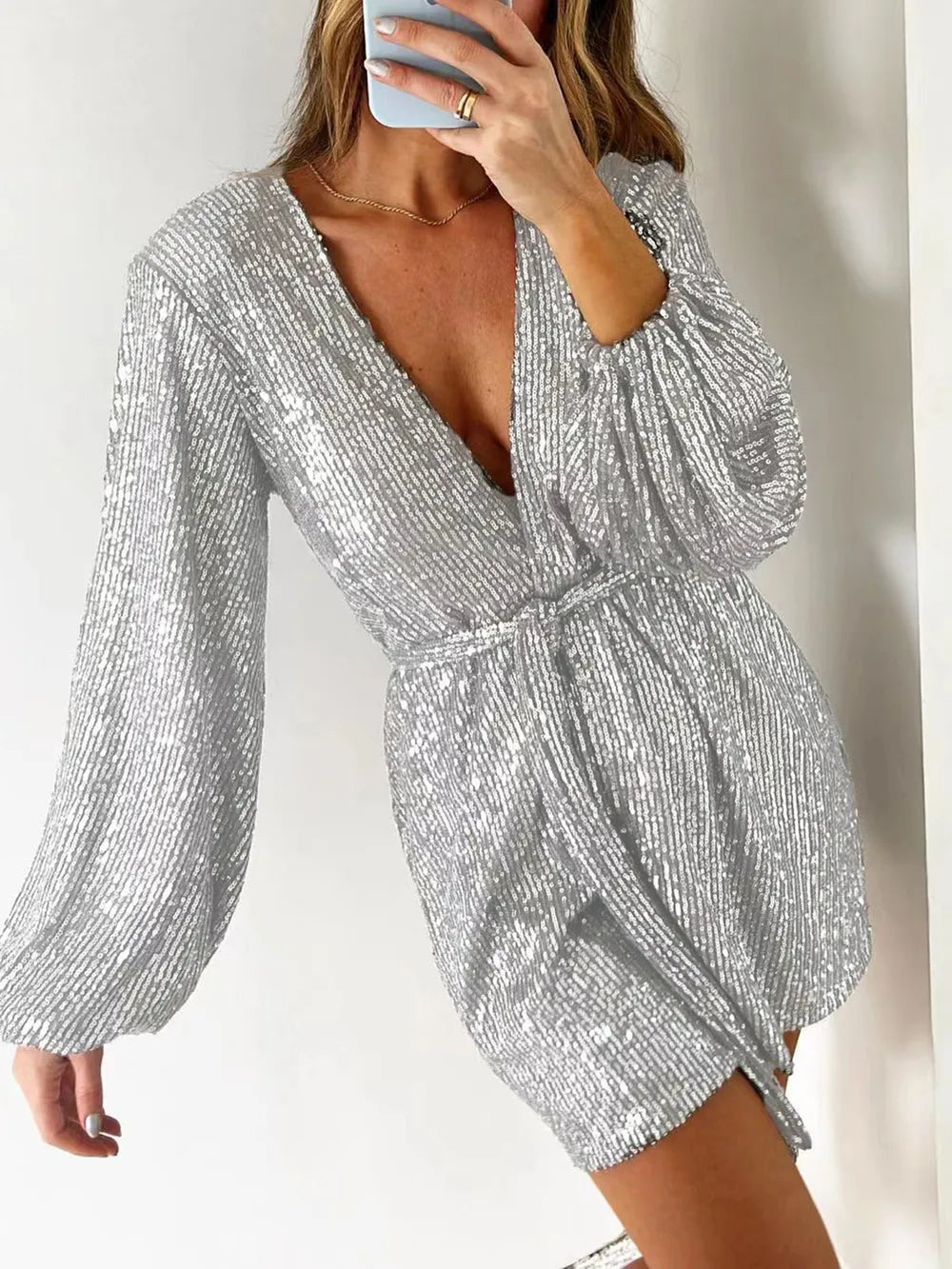 Full Size Sequin Surplice Tie Waist Long Sleeve Romper - V.I.P Digital Presence