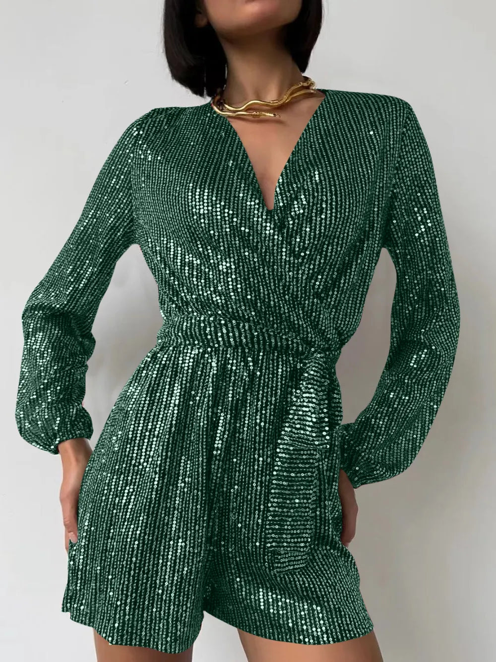 Full Size Sequin Surplice Tie Waist Long Sleeve Romper - V.I.P Digital Presence