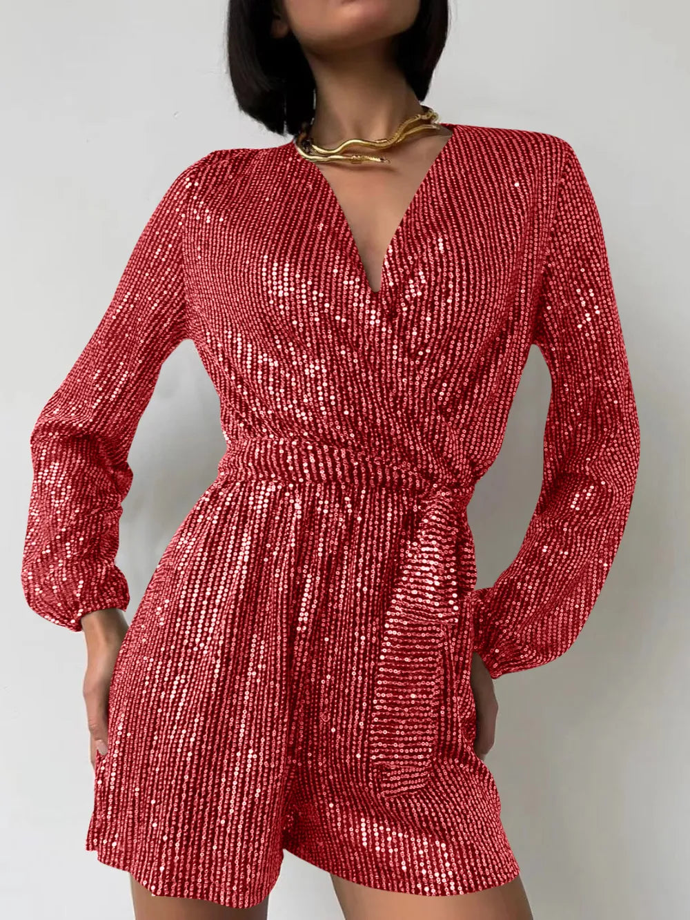 Full Size Sequin Surplice Tie Waist Long Sleeve Romper - V.I.P Digital Presence