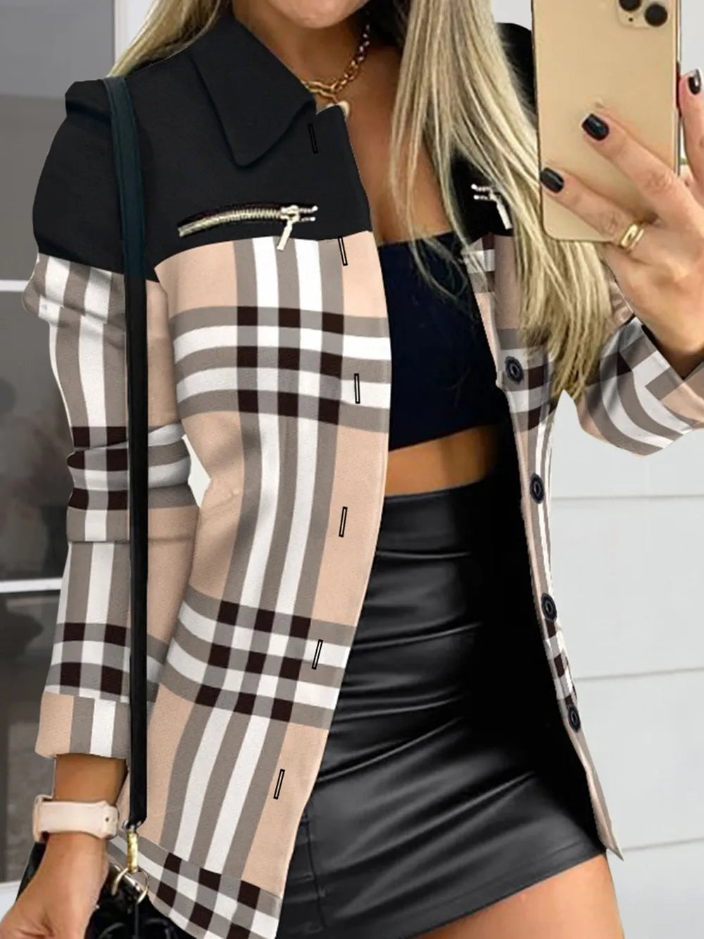 Long sleeved button color blocked printed lapel commuter suit for women - V.I.P Digital Presence