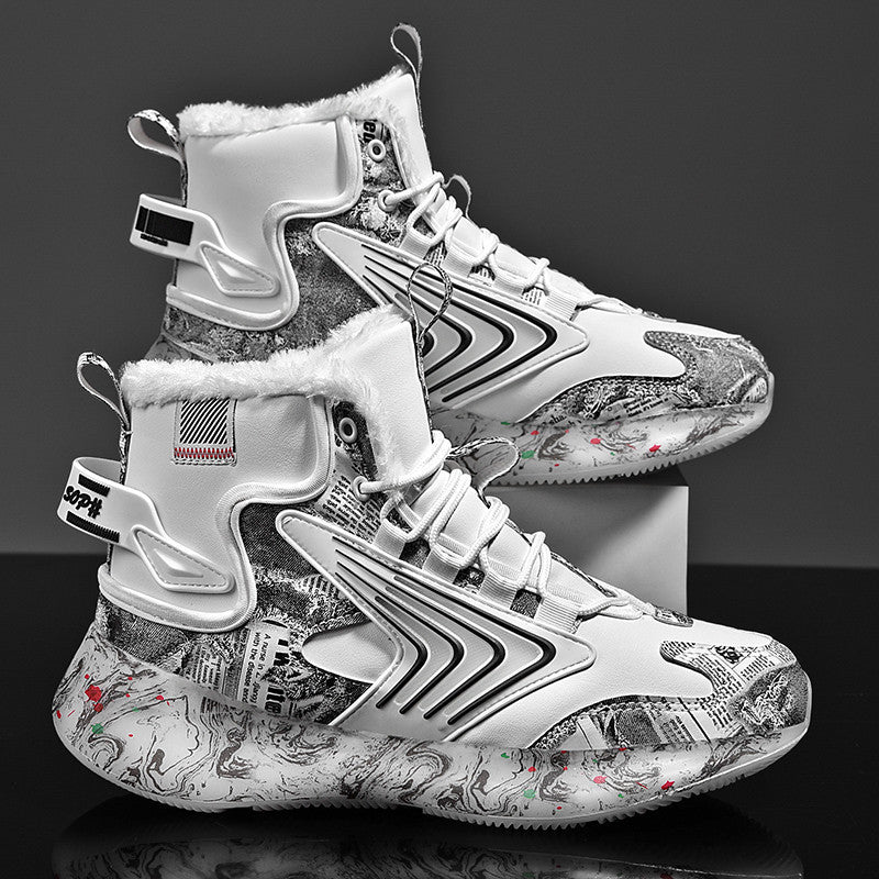 Men's trendy luminous running shoes student graffiti high-top shoes plus velvet warm sports shoes - V.I.P Digital Presence