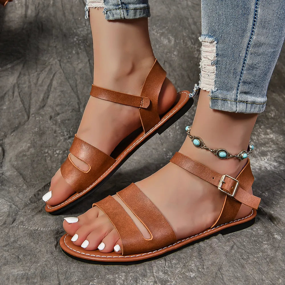 Open Toe Buckle Flat Sandals - V.I.P Digital Presence