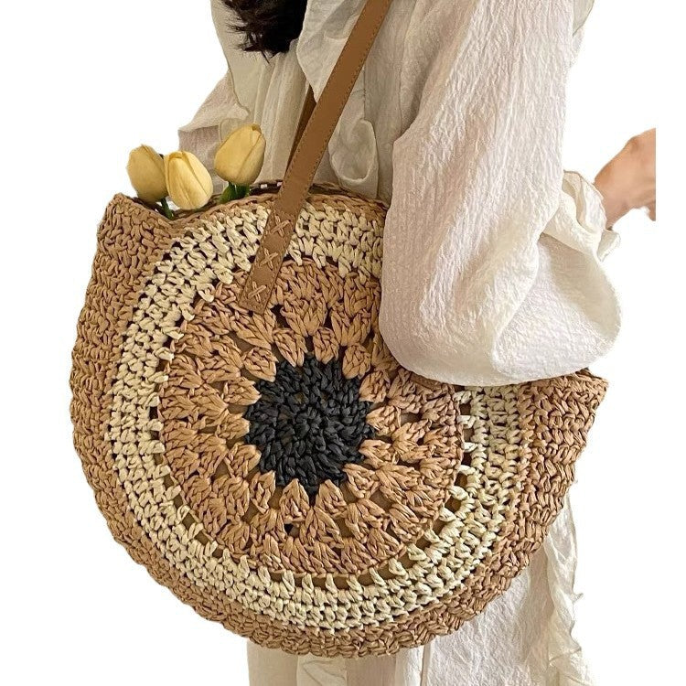 Paper rope hollow out colorful round plate grass woven bag casual beach bag one shoulder fashionable woven bag - V.I.P Digital Presence