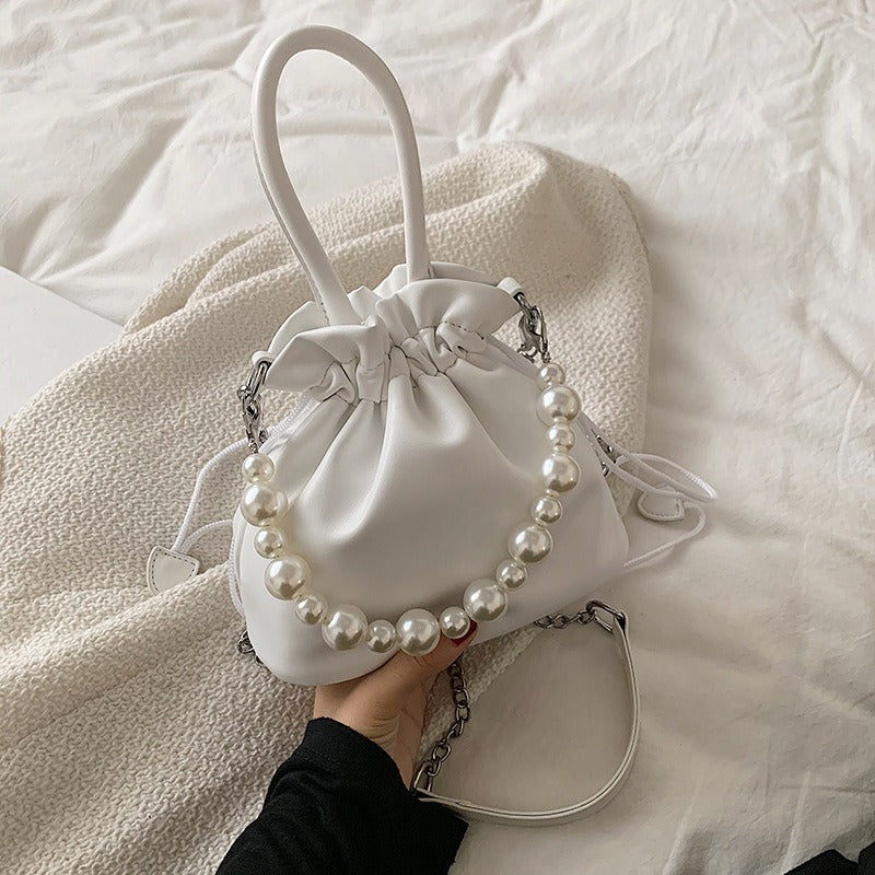 Pearl chain pleated shoulder bag women new solid color soft surface ins beam mouth portable Messenger bag - V.I.P Digital Presence