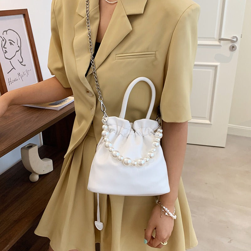 Pearl chain pleated shoulder bag women new solid color soft surface ins beam mouth portable Messenger bag - V.I.P Digital Presence