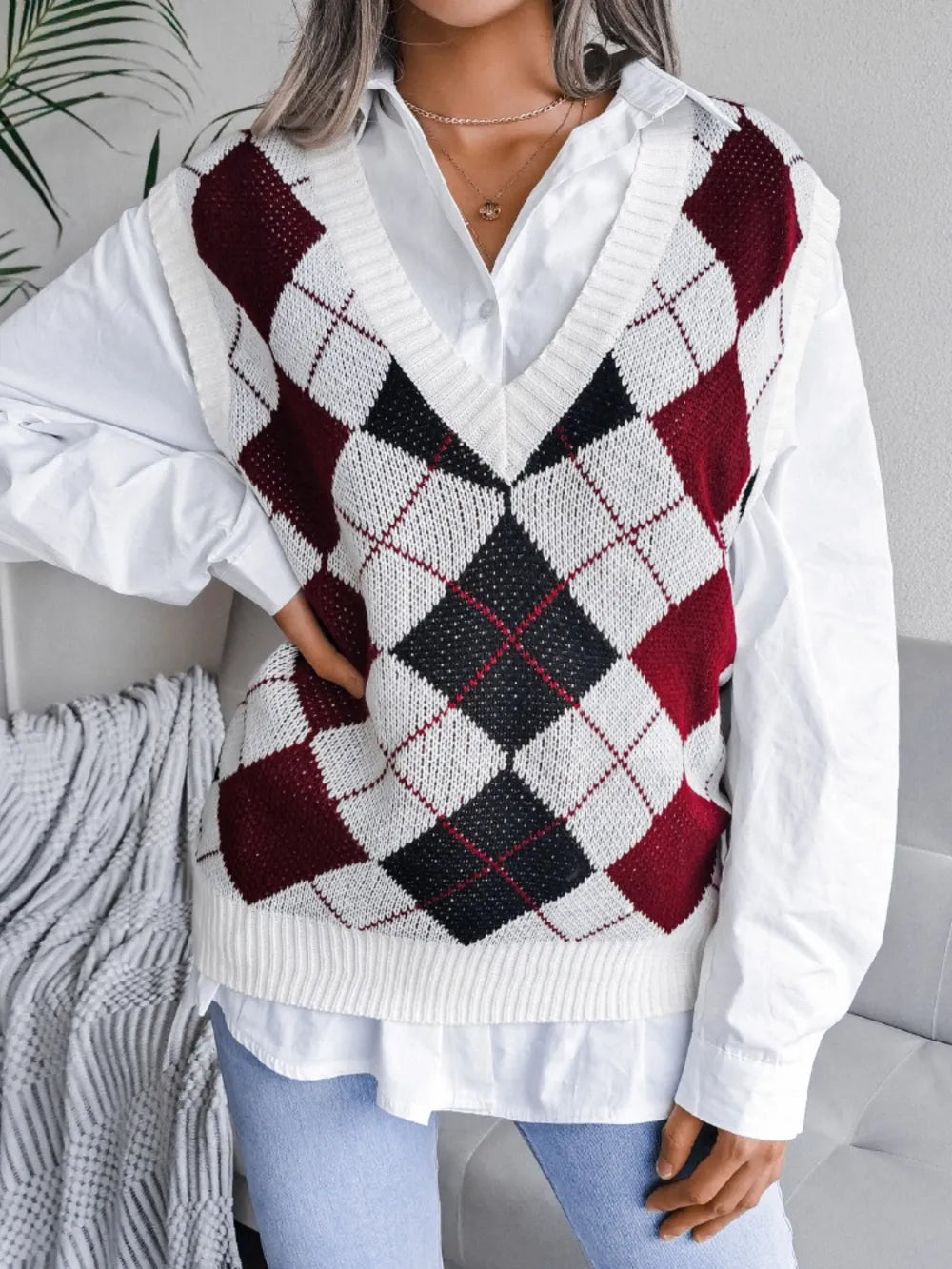 Plaid V-Neck Sweater Vest - V.I.P Digital Presence