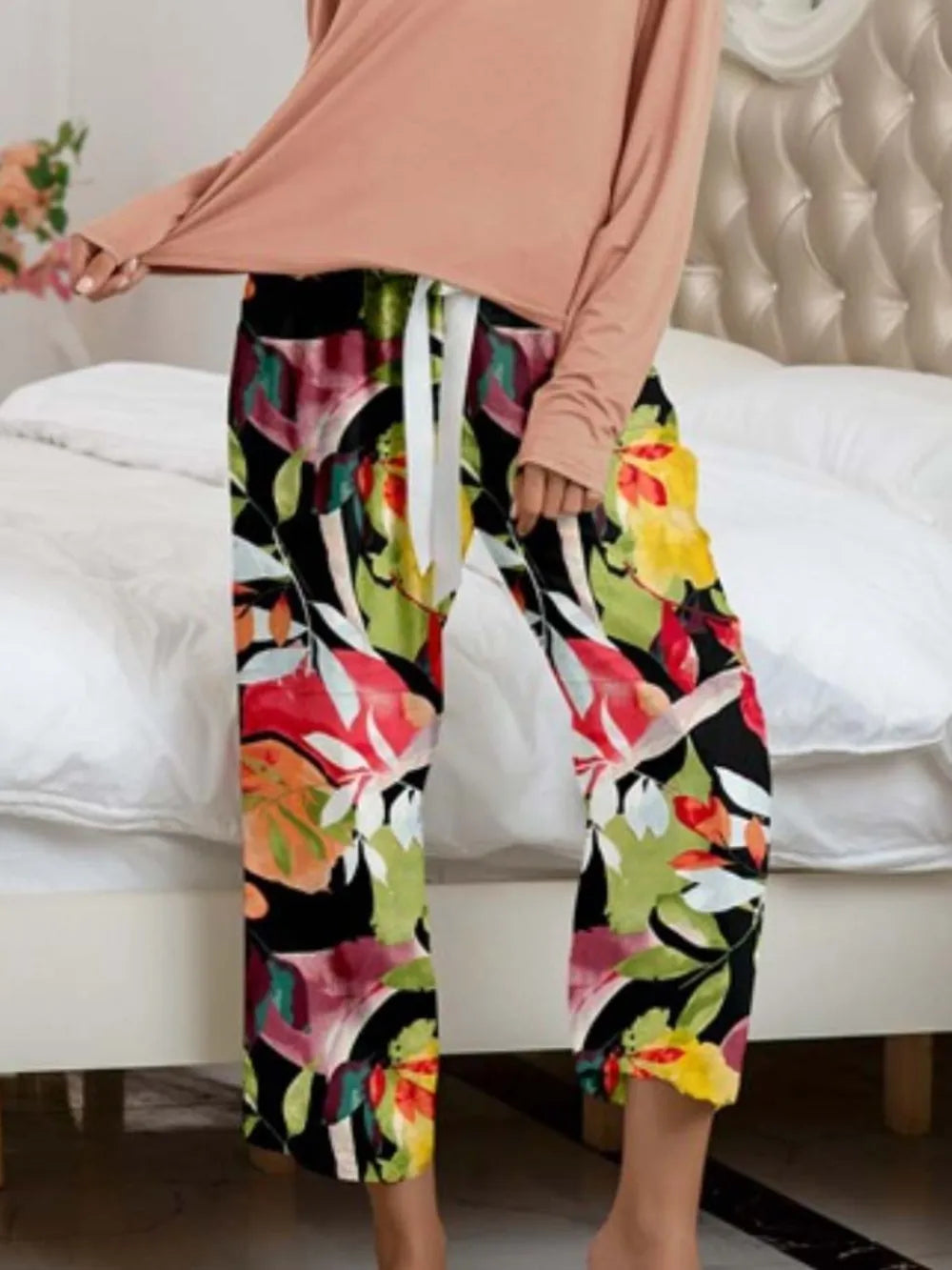 Round Neck Top and Printed Pants Lounge Set - V.I.P Digital Presence