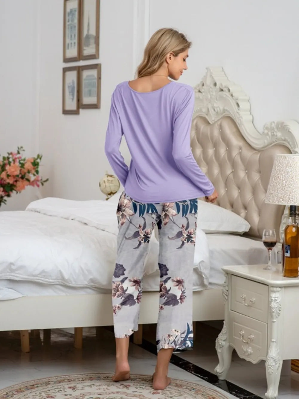 Round Neck Top and Printed Pants Lounge Set - V.I.P Digital Presence