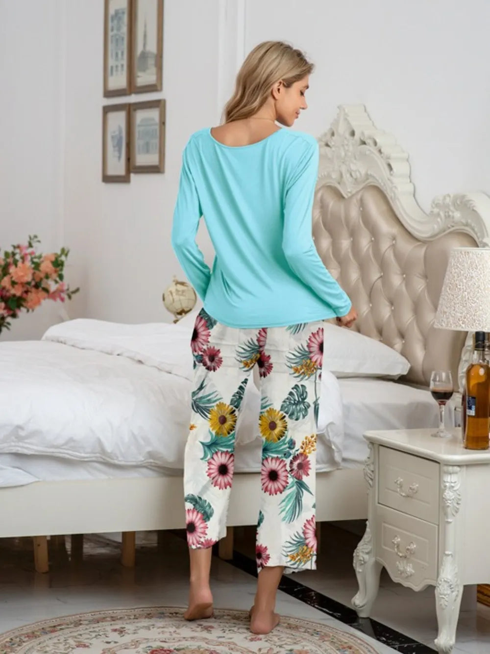 Round Neck Top and Printed Pants Lounge Set - V.I.P Digital Presence