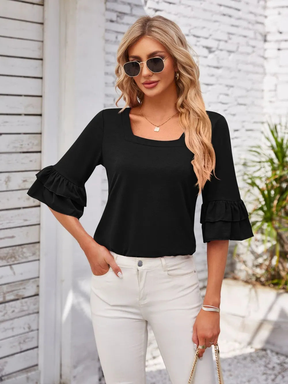 Ruffled Suqare Neck Half Sleeve Blouse - V.I.P Digital Presence