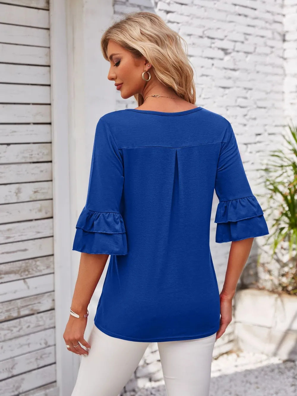 Ruffled Suqare Neck Half Sleeve Blouse - V.I.P Digital Presence