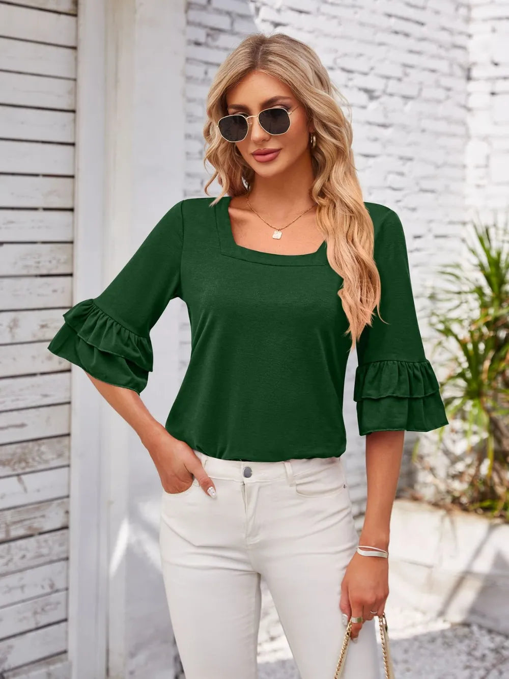Ruffled Suqare Neck Half Sleeve Blouse - V.I.P Digital Presence