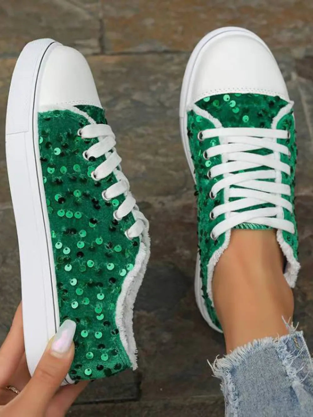 Sequin Round Toe Flat Sneakers - V.I.P Digital Presence