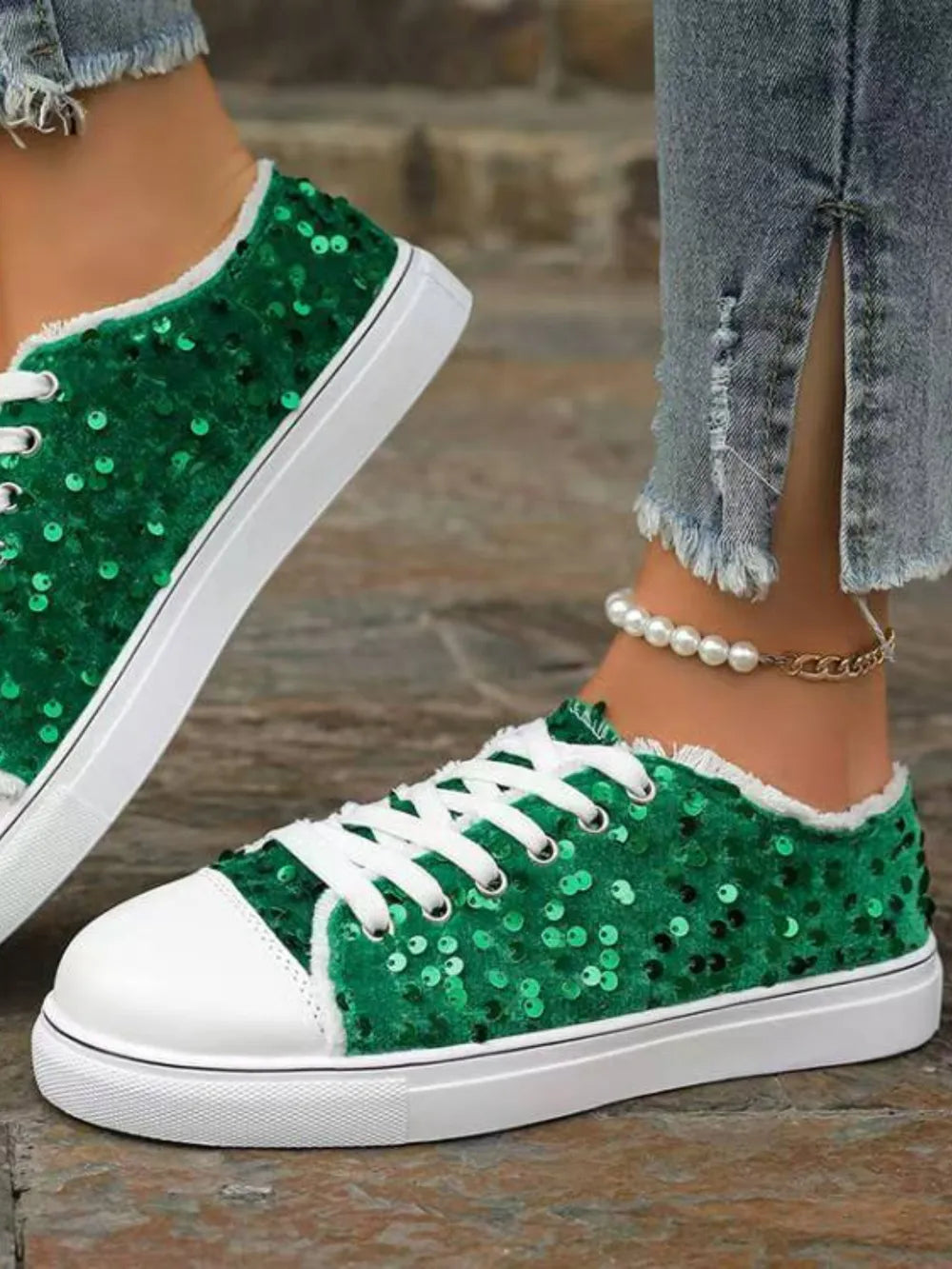 Sequin Round Toe Flat Sneakers - V.I.P Digital Presence