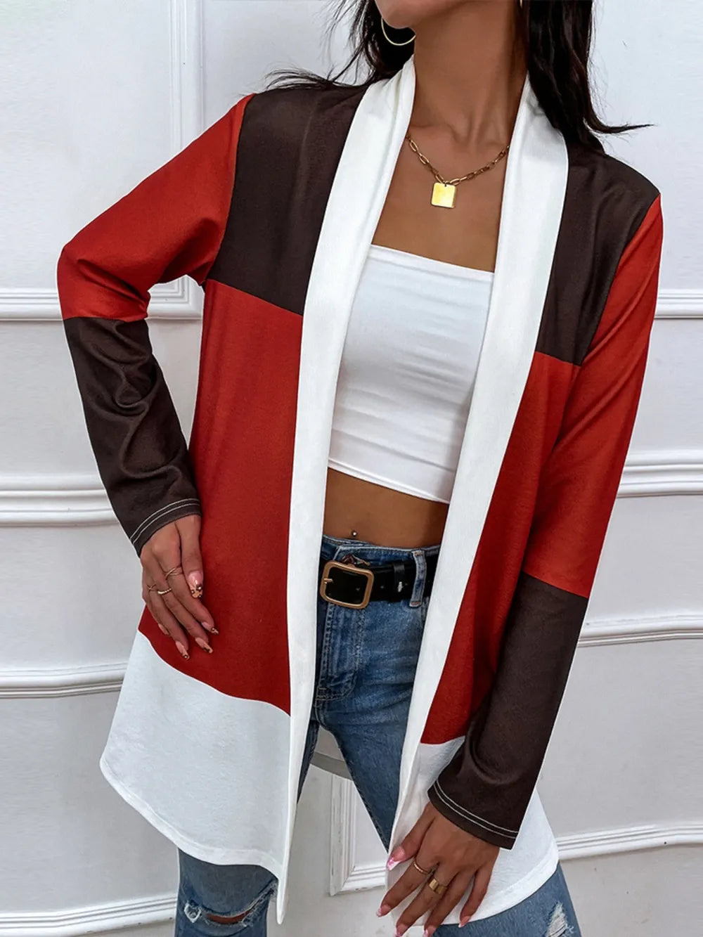 Shiny Color Block Open Front Cardigan - V.I.P Digital Presence