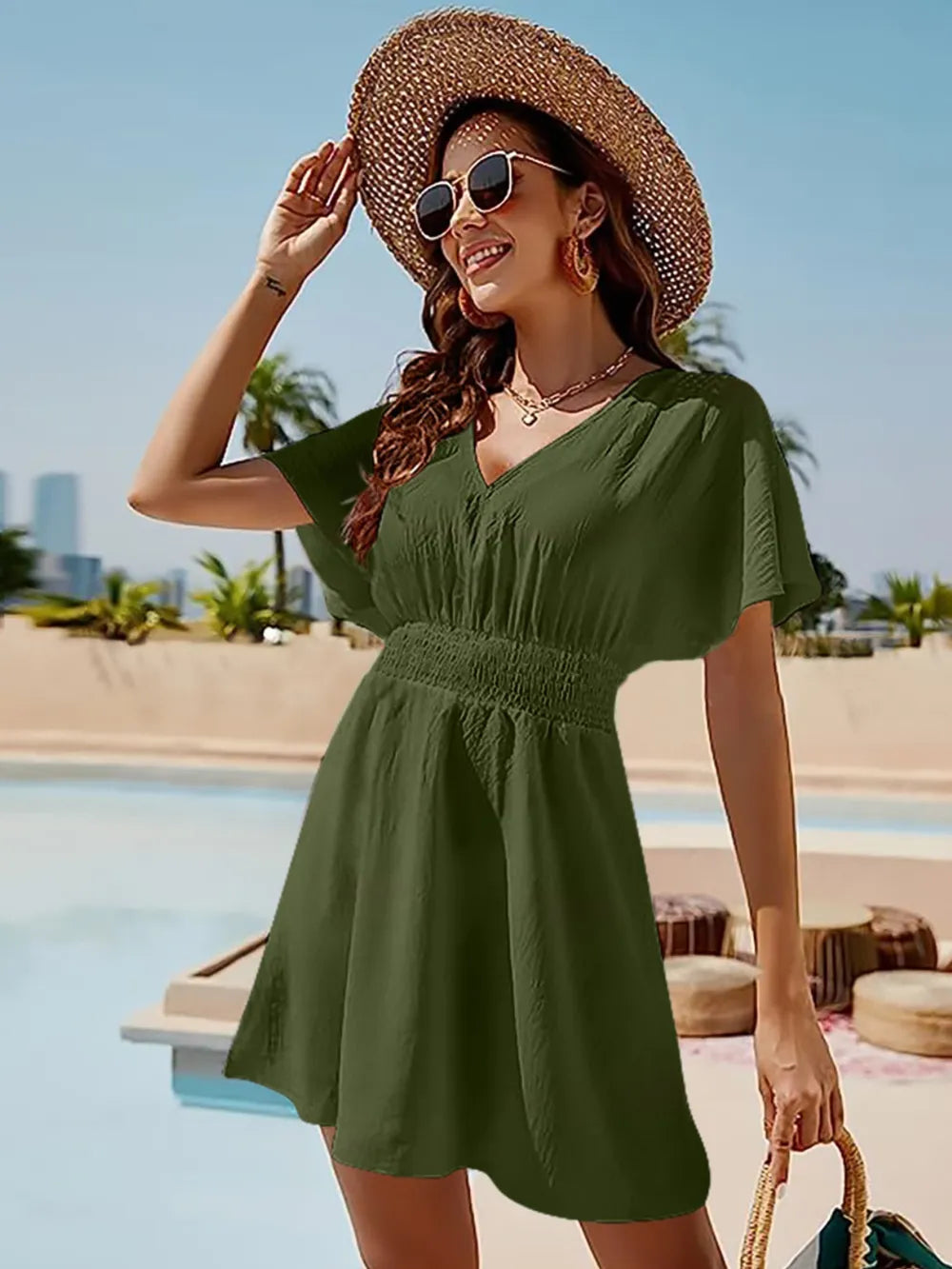 Smocked V-Neck Short Sleeve Dress - V.I.P Digital Presence