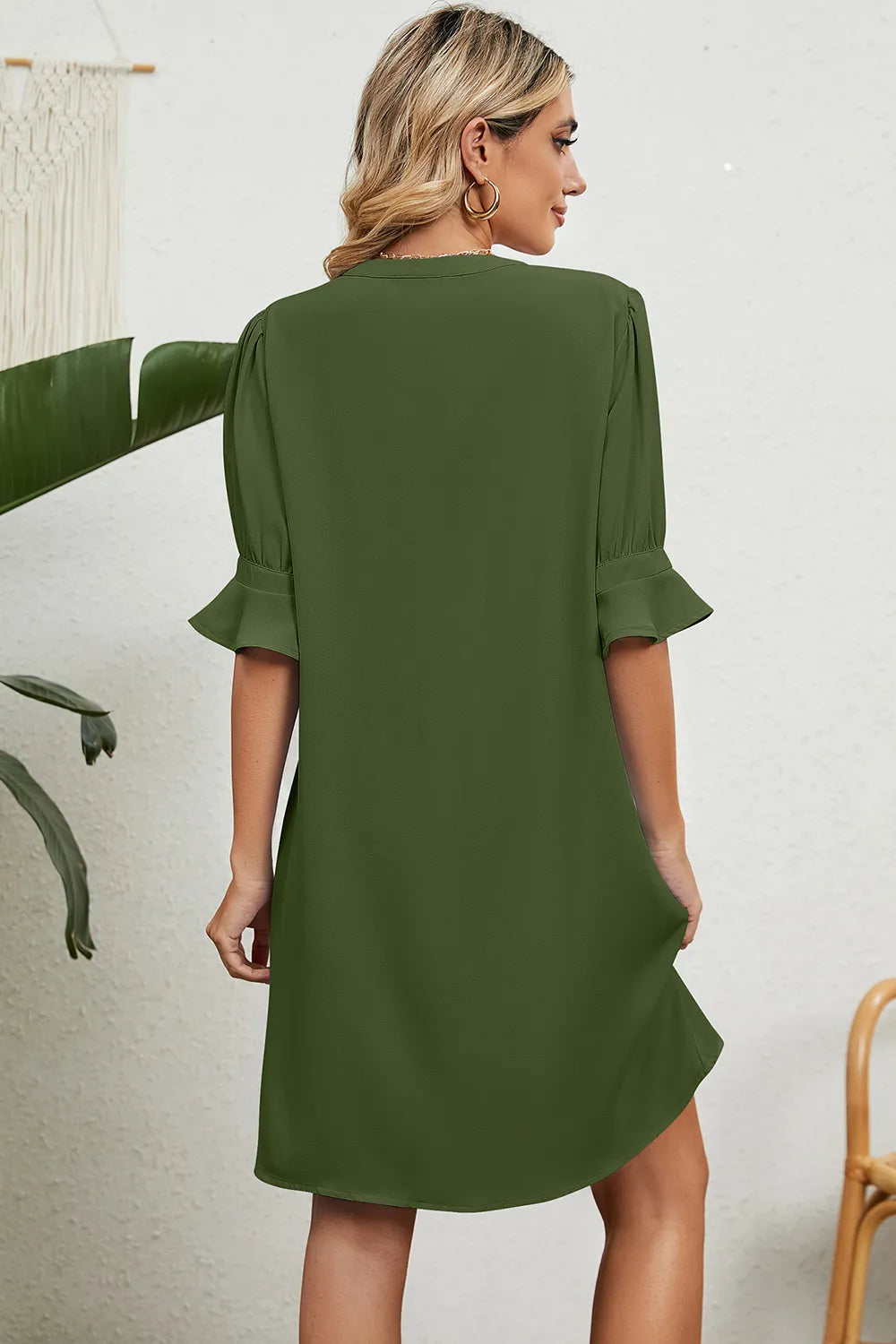 Solid color V-neck loose pleated five quarter sleeve dress for women - V.I.P Digital Presence