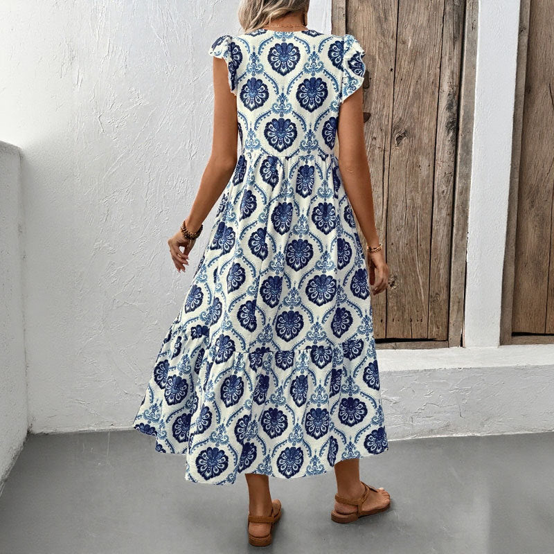 Vacation style loose deep V-neck printed long dress - V.I.P Digital Presence