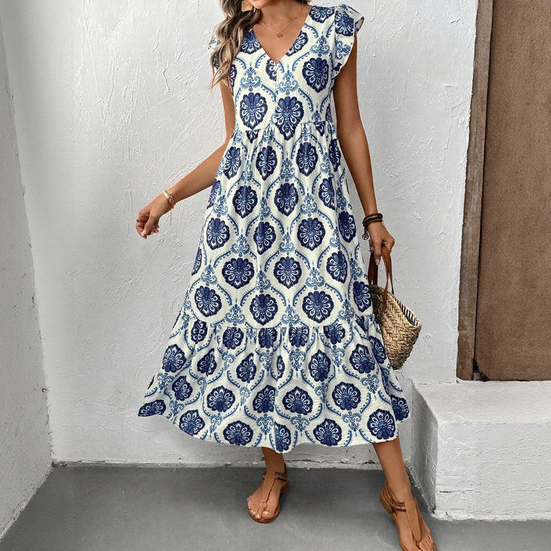 Vacation style loose deep V-neck printed long dress - V.I.P Digital Presence