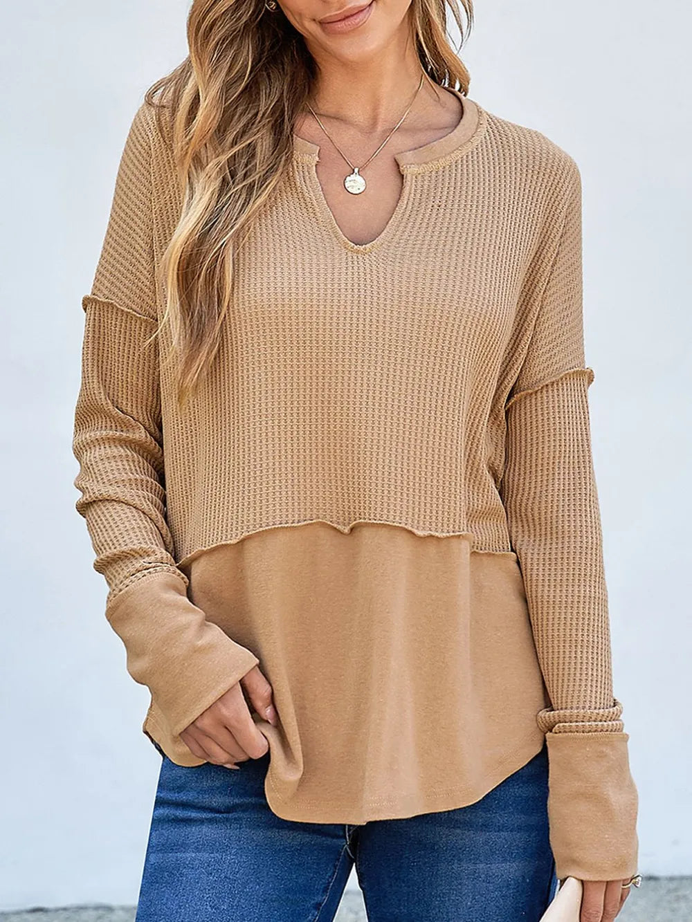 Waffle-Knit Notched Long Sleeve T-Shirt - V.I.P Digital Presence