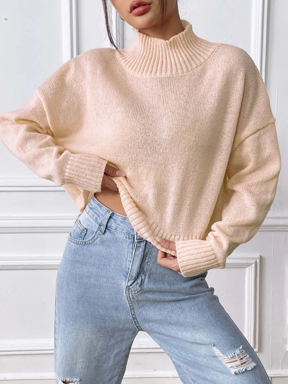 Women's autumn and winter high neck pullover sweater solid color loose casual base sweater - V.I.P Digital Presence