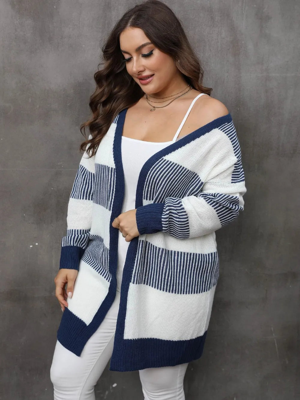 Women's contrasting striped spliced woven sweater long sleeved women's casual cardigan jacket - V.I.P Digital Presence