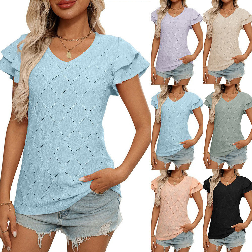 Women's European and American V-neck sweet short sleeved T-shirt hollowed out top - V.I.P Digital Presence