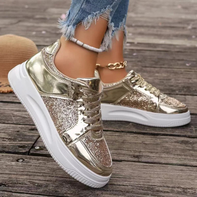 Women's Gold Sequins Platform Sneakers Autumn Fashion Casual Sports Shoes Thick Bottom Vulcanized Shoes Woman Flats Heels Shoes - V.I.P Digital Presence