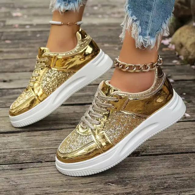 Women's Gold Sequins Platform Sneakers Autumn Fashion Casual Sports Shoes Thick Bottom Vulcanized Shoes Woman Flats Heels Shoes - V.I.P Digital Presence